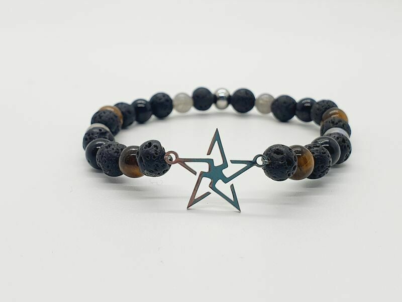 Bracelet labradorite, œil de tigre, tourmaline noire et pierre de lave 6 mm
