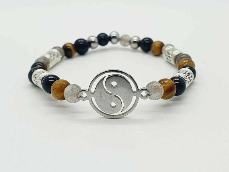 Bracelet labradorite, œil de tigre et tourmaline noire 6 mm