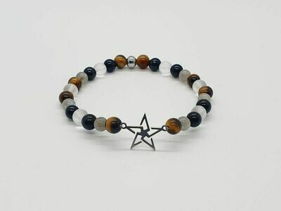 Bracelet labradorite, œil de tigre, tourmaline noire et cristal de roche 6 mm