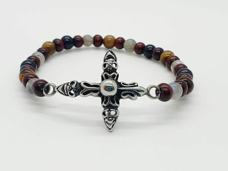 Bracelet labradorite, œil de tigre et tourmaline noire 6 mm