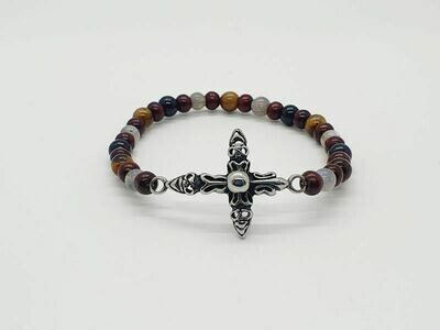 Bracelet labradorite, œil de tigre et tourmaline noire 6 mm