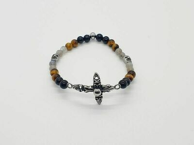 Bracelet labradorite, œil de tigre et tourmaline noire 6 mm
