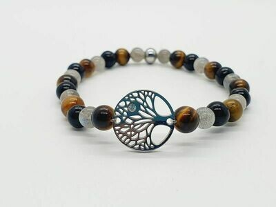 Bracelet labradorite, œil de tigre et tourmaline noire 6 mm