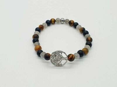 Bracelet labradorite, œil de tigre et tourmaline noire 6 mm
