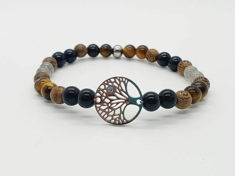 Bracelet labradorite, œil de tigre, tourmaline et mala en bois palisandre noire 6 mm