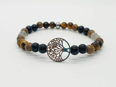 Bracelet labradorite, œil de tigre, tourmaline et mala en bois palisandre noire 6 mm