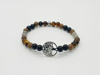 Bracelet labradorite, œil de tigre, tourmaline et mala en bois palisandre noire 6 mm