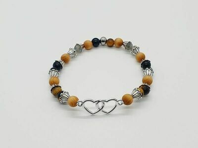 Bracelet labradorite, œil de tigre, tourmaline noire et mala cèdre mat, 6 mm
