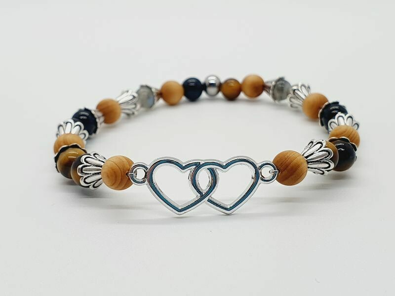 Bracelet labradorite, œil de tigre, tourmaline noire et mala cèdre mat, 6 mm