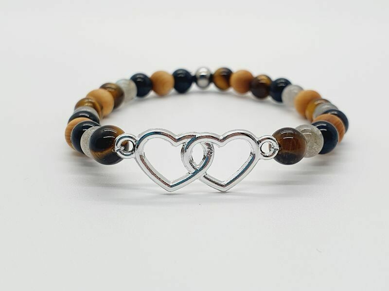 Bracelet labradorite, œil de tigre, tourmaline noire et mala cèdre mat, 6 mm
