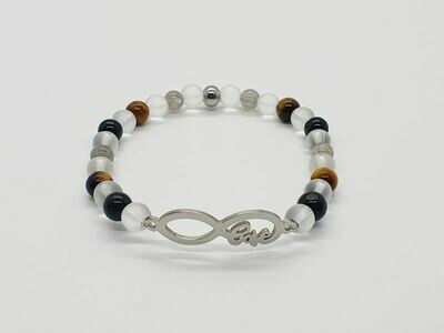 Bracelet labradorite, œil de tigre, tourmaline noire et cristal de roche mat, 6 mm