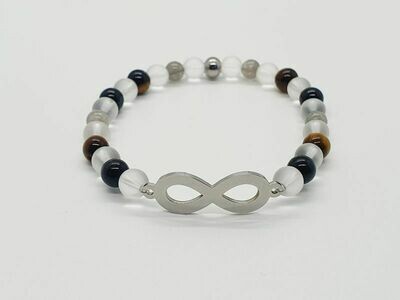 Bracelet labradorite, œil de tigre, tourmaline noire et cristal de roche mat, 6 mm