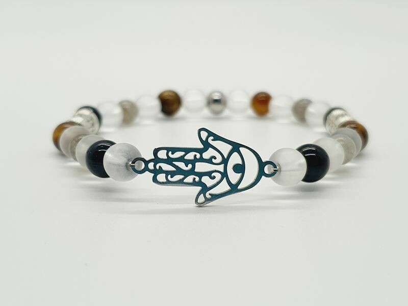 Bracelet labradorite, œil de tigre, tourmaline noire et cristal de roche mat, 6 mm