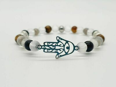 Bracelet labradorite, œil de tigre, tourmaline noire et cristal de roche mat, 6 mm