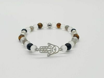Bracelet labradorite, œil de tigre, tourmaline noire et cristal de roche mat, 6 mm