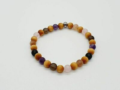 Bracelet Deuil, Quartz fumé mat, Quartz rose, pierre de lune, améthyste, Onyx, et Mala cèdre mat, 6 mm