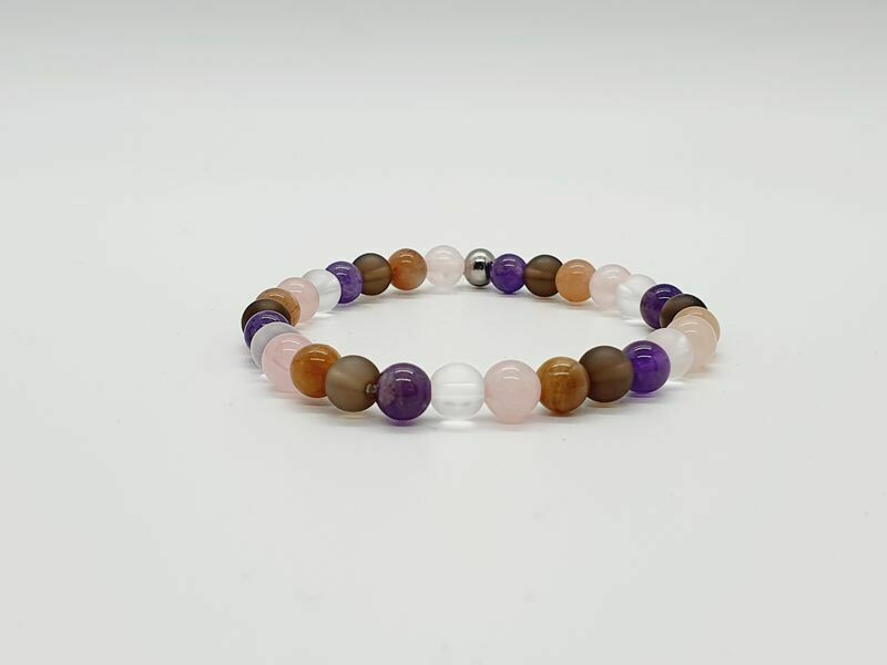 Bracelet Deuil, Quartz fumé mat, quartz rose, pierre de lune, améthyste, cristal de roche mat, 6 mm