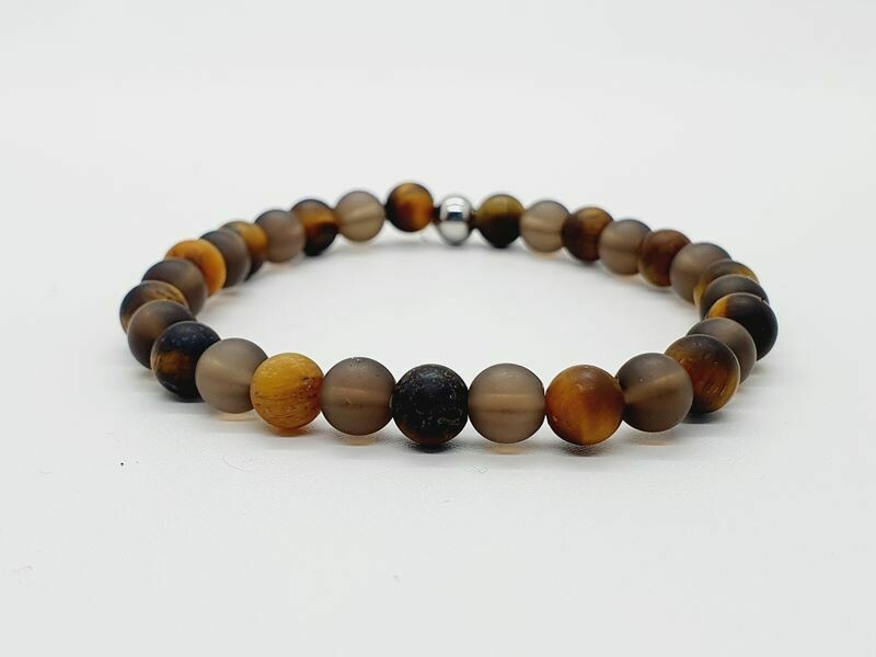 Bracelet oeil de tigre mat, quartz fumé 6 mm