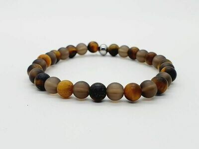 Bracelet oeil de tigre mat, quartz fumé 6 mm
