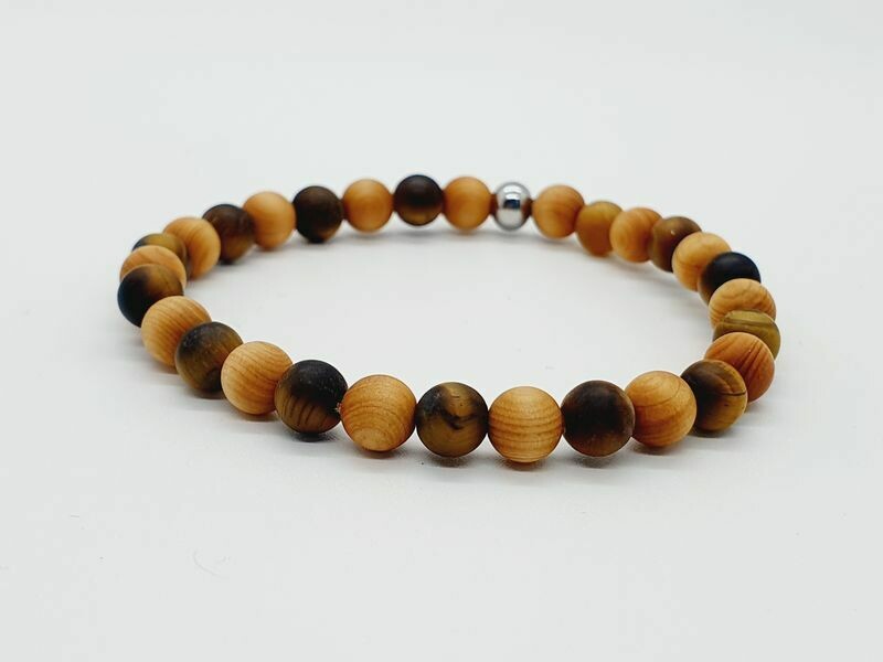 Bracelet œil de tigre mat, mala cèdre mat, 6 mm