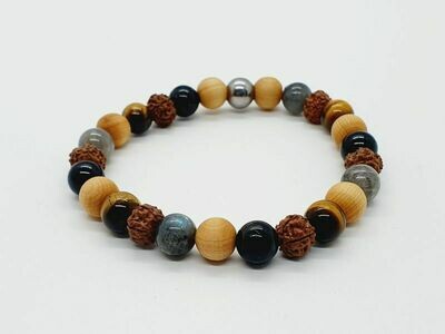 Bracelet oeil de tigre, tourmaline, labradorite, mala cèdre, et rudraksha, 8 mm