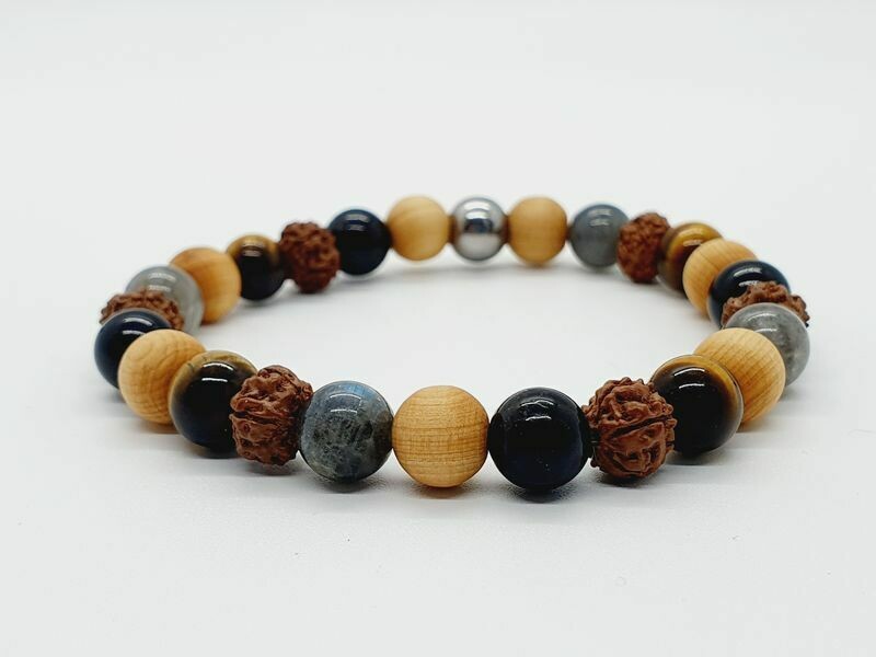 Bracelet oeil de tigre, tourmaline, labradorite, mala cèdre, et rudraksha, 8 mm
