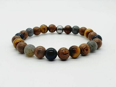 Bracelet œil de tigre, tourmaline, labradorite, mala palisandre, 8 mm