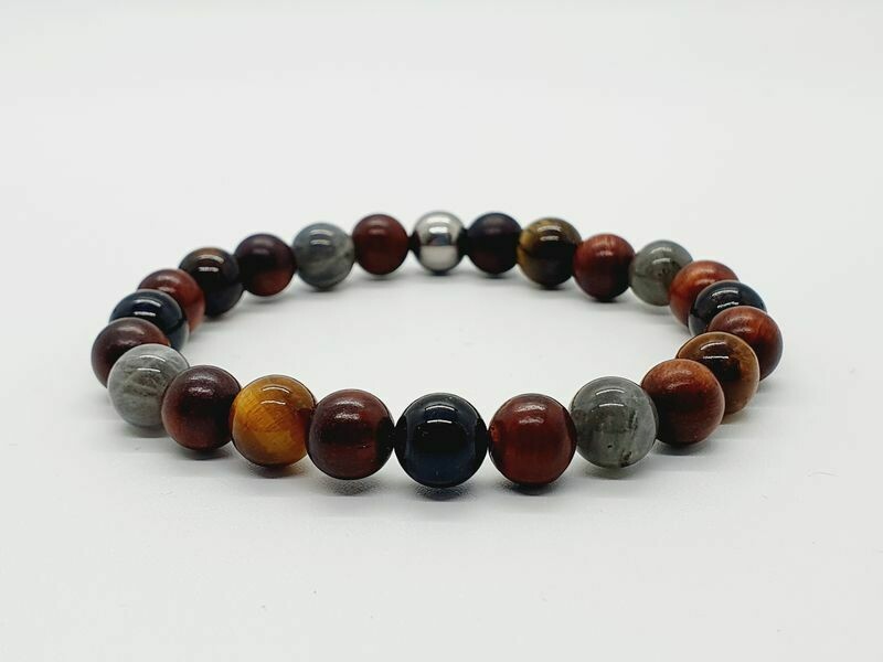 Bracelet œil de tigre, tourmaline, labradorite, et mala palisandre