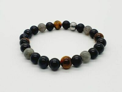 Bracelet œil de tigre, tourmaline, labradorite, et mala palisandre noir ébène, 8 mm