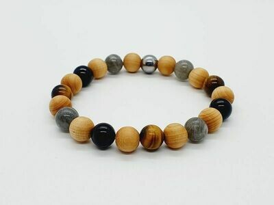Bracelet oeil de tigre, tourmaline, labradorite, et mala cèdre, 8 mm
