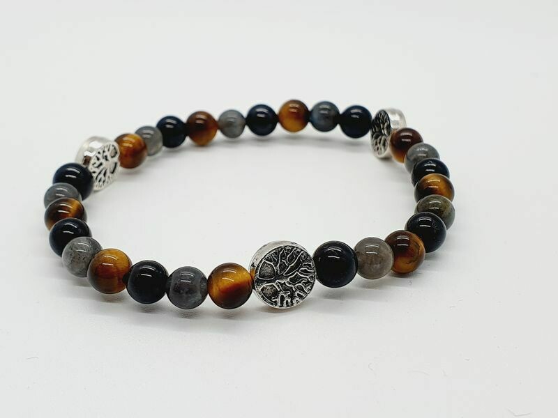 Bracelet Tourmaline, oeil de tigre, et labradorite, 6 mm