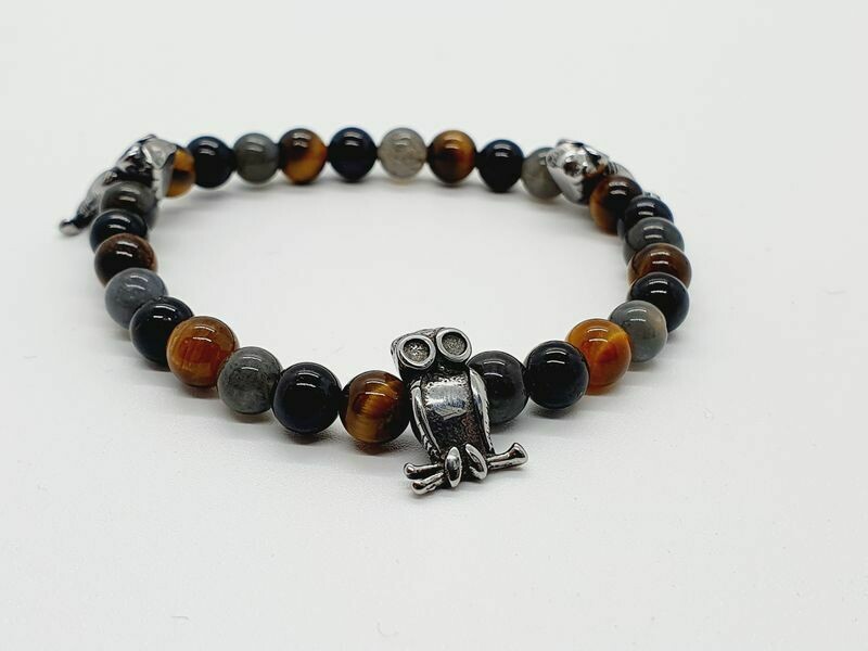 Bracelet Tourmaline, oeil de tigre, et labradorite, 6 mm