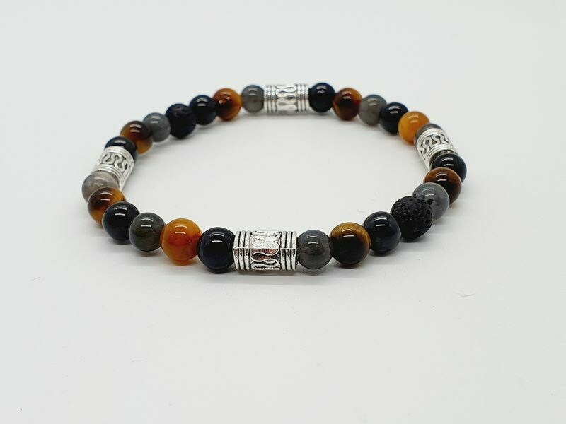 Bracelet Tourmaline, oeil de tigre, labradorite, et pierre de lave, 6 mm