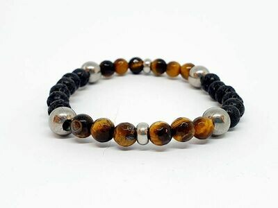 Bracelet œil de tigre et pierre de lave, 6 mm