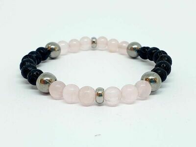 Bracelet Quartz rose, pierre de lave, 6 mm