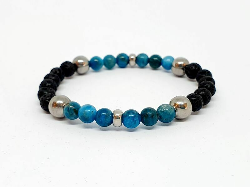 Bracelet Apatite bleue, et pierre de lave, 6 mm