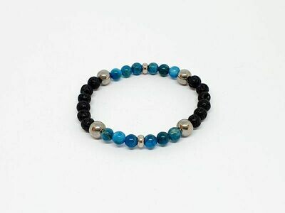 Bracelet Apatite bleue, et pierre de lave, 6 mm