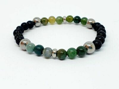 Bracelet agate mousse, pierre de lave, 6 mm
