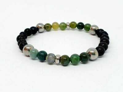 Bracelet agate mousse, pierre de lave, 6 mm