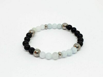 Bracelet Aigue Marine matte et pierre de lave, 6 mm