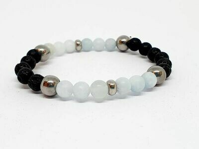 Bracelet Aigue Marine matte et pierre de lave, 6 mm