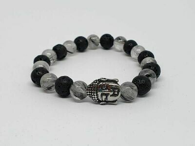 Bracelet cristal de roche inclusion tourmaline, pierre de lave, 8 mm