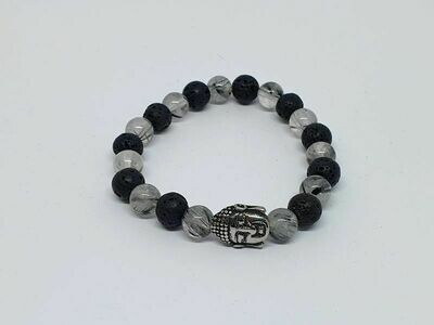 Bracelet cristal de roche inclusion tourmaline, pierre de lave, 8 mm