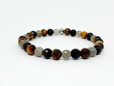 Bracelet labradorite facettée, œil de tigre facetté, tourmaline facettée, 6 mm