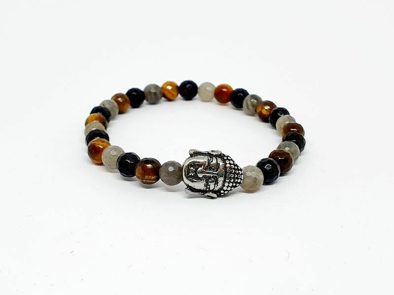 Bracelet labradorite facettée, œil de tigre facetté, tourmaline facettée, 6 mm
