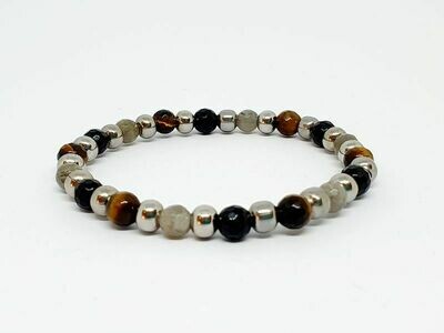 Bracelet labradorite facettée, œil de tigre facetté, tourmaline facettée, 6 mm