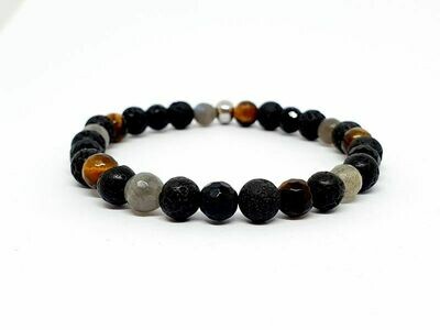 Bracelet labradorite facettée, œil de tigre facetté, tourmaline facettée et pierre de lave, 6 mm