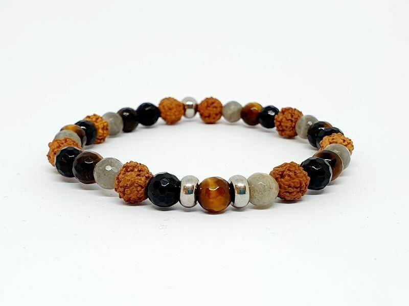 Bracelet labradorite facettée, œil de tigre facetté, tourmaline facettée et rudraksha, 6 mm