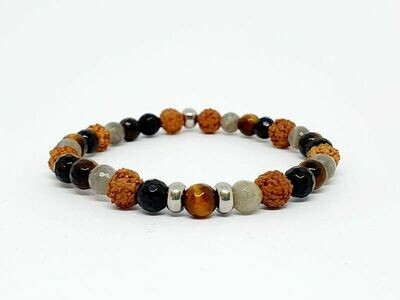 Bracelet labradorite facettée, œil de tigre facetté, tourmaline facettée et rudraksha, 6 mm