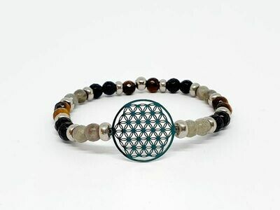 Bracelet labradorite facettée, œil de tigre facetté, tourmaline facettée, 6 mm